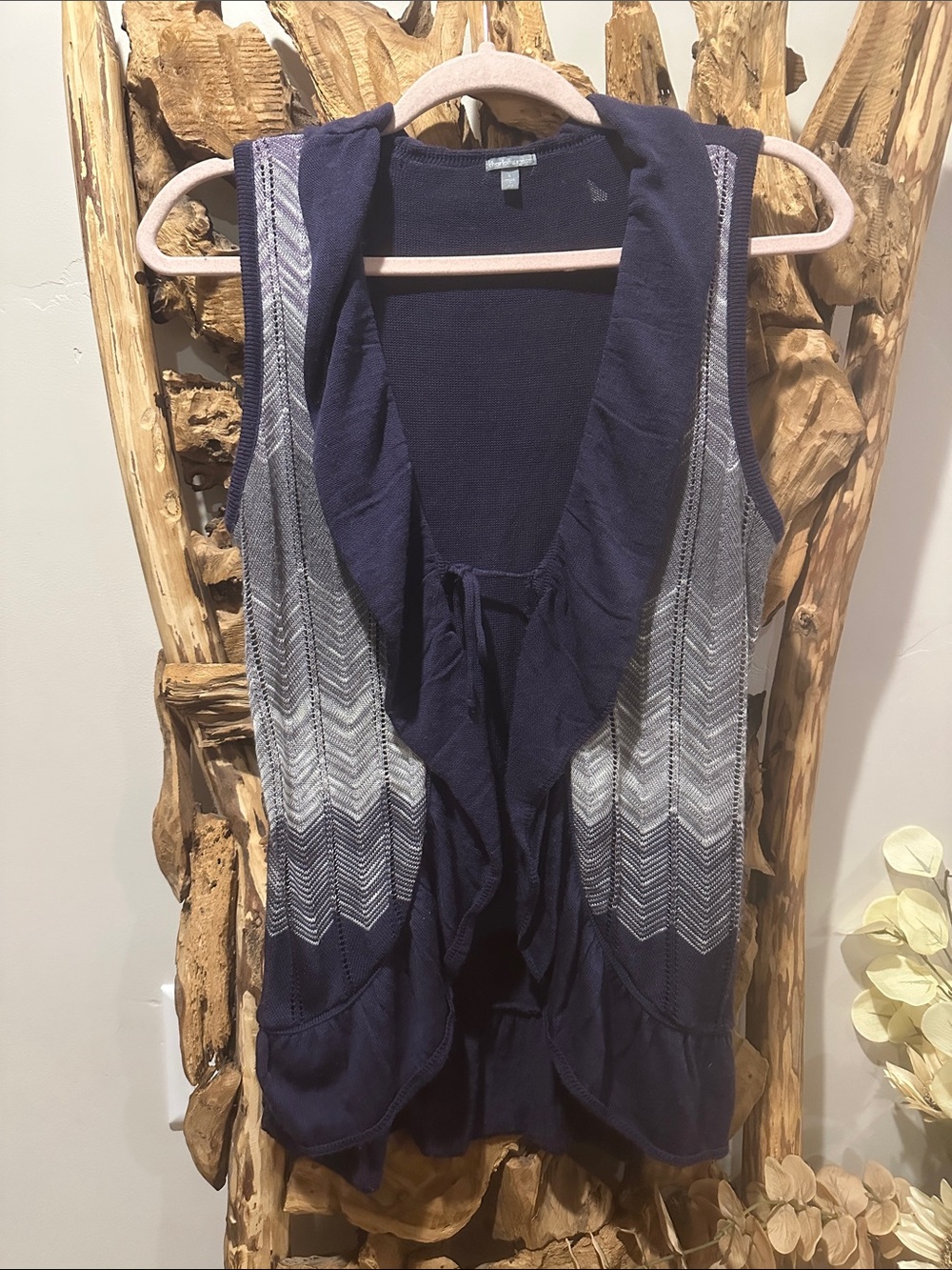 Coldwater Creek Navy and Gray Chevron Open Front Sweater Vest